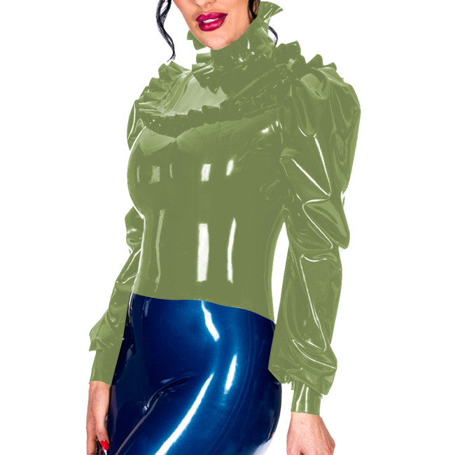 Office Lady High Neck Ruffles PVC Leather Elegance Long Sleeve Womens Tops Gothic Bodycon T-Shirts Sissy Back Zipper Tops Daily