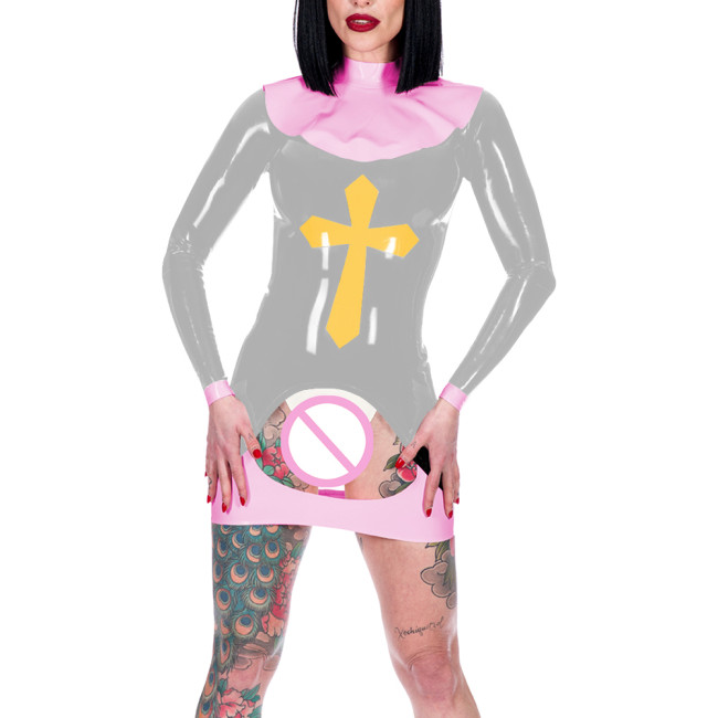Women Sexy Nun Cosplay Costume Erotic Crotchless Spanking Mini Dress Long Sleeve Back Zip Bodycon Dress Novelty Nun Outfits 7XL