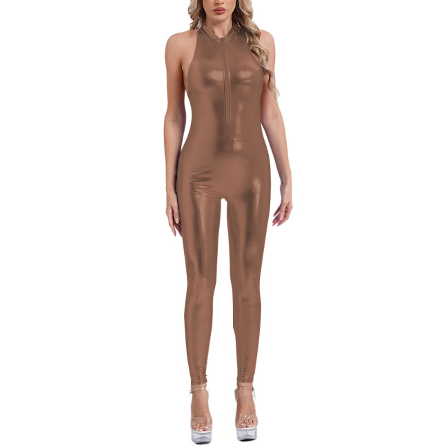 Sleeveless Sexy Jumpsuits for Women Shiny Metallic Stretch Tight Solid Jumpsuit Party Pole Dancing Overalls Sissy Sexy Costume