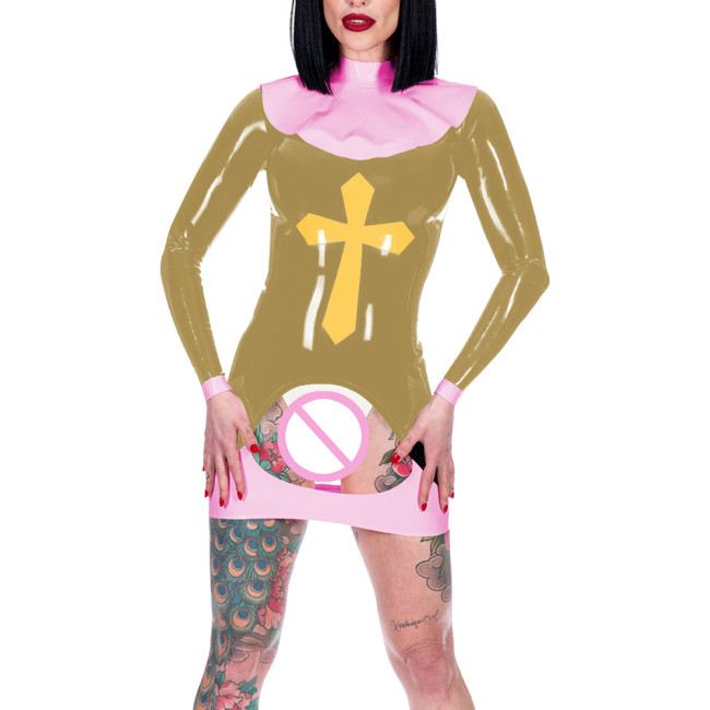 Women Sexy Nun Cosplay Costume Erotic Crotchless Spanking Mini Dress Long Sleeve Back Zip Bodycon Dress Novelty Nun Outfits 7XL