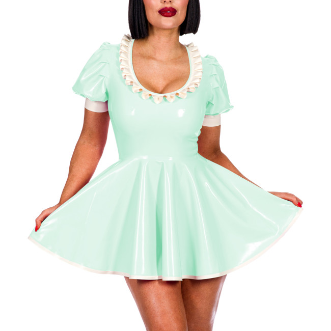 Sissy Sexy A-line Pleated Mini Dress Short Puff Sleeve Frill Scoop Neck PVC Summer Dress Elegant Women Sweet Banquet Venue Gown