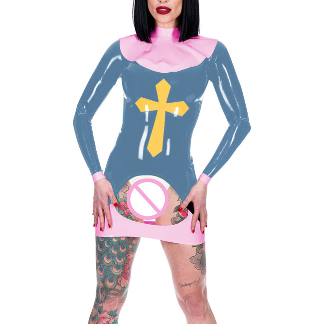 Women Sexy Nun Cosplay Costume Erotic Crotchless Spanking Mini Dress Long Sleeve Back Zip Bodycon Dress Novelty Nun Outfits 7XL