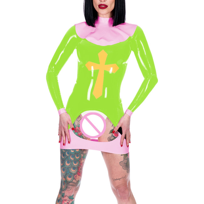 Women Sexy Nun Cosplay Costume Erotic Crotchless Spanking Mini Dress Long Sleeve Back Zip Bodycon Dress Novelty Nun Outfits 7XL