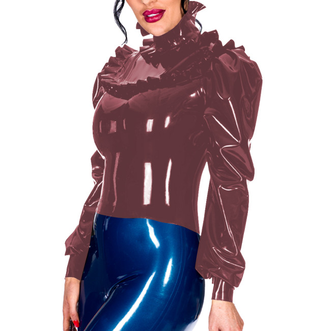 Office Lady High Neck Ruffles PVC Leather Elegance Long Sleeve Womens Tops Gothic Bodycon T-Shirts Sissy Back Zipper Tops Daily