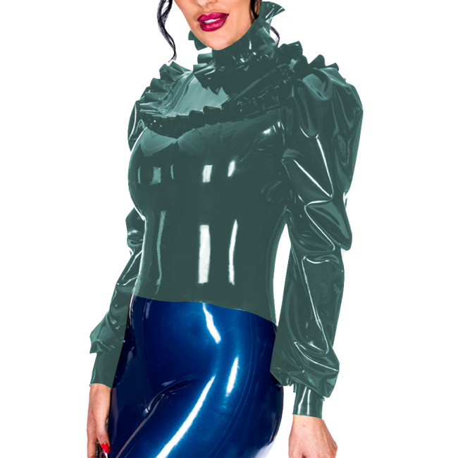 Office Lady High Neck Ruffles PVC Leather Elegance Long Sleeve Womens Tops Gothic Bodycon T-Shirts Sissy Back Zipper Tops Daily