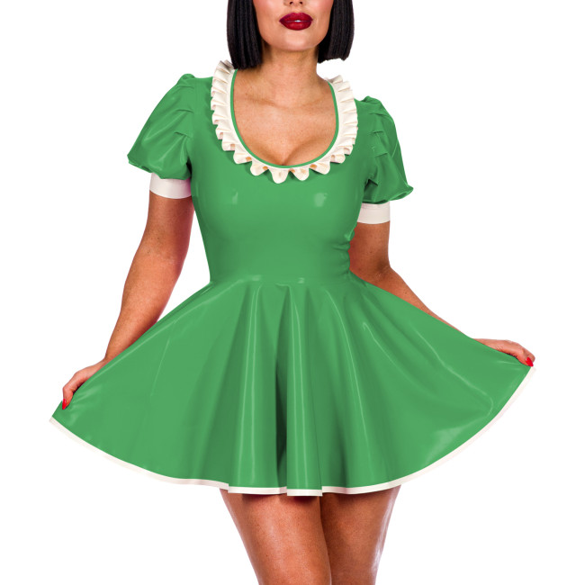 Sissy Sexy A-line Pleated Mini Dress Short Puff Sleeve Frill Scoop Neck PVC Summer Dress Elegant Women Sweet Banquet Venue Gown