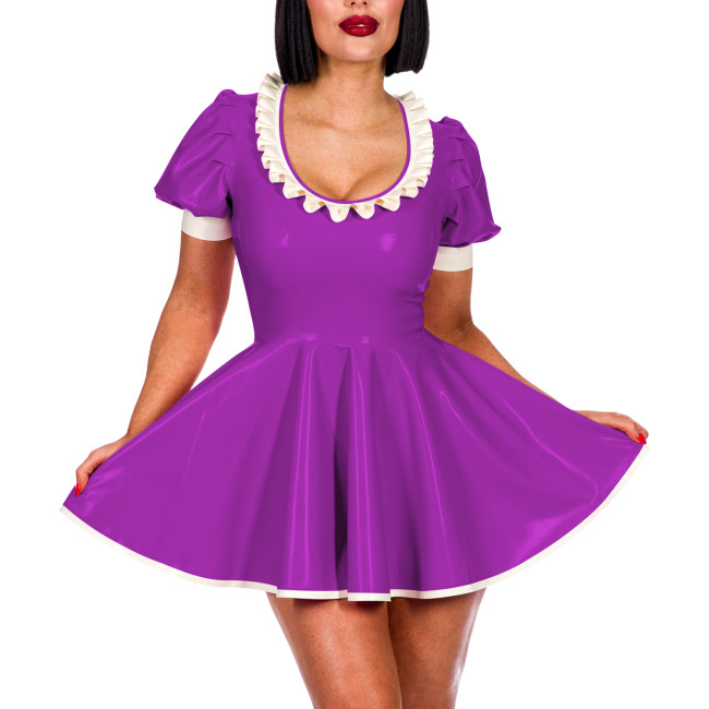 Sissy Sexy A-line Pleated Mini Dress Short Puff Sleeve Frill Scoop Neck PVC Summer Dress Elegant Women Sweet Banquet Venue Gown