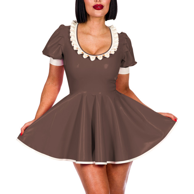 Sissy Sexy A-line Pleated Mini Dress Short Puff Sleeve Frill Scoop Neck PVC Summer Dress Elegant Women Sweet Banquet Venue Gown