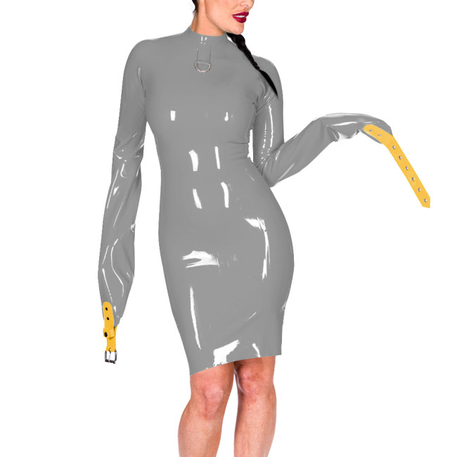 Mock Neck Long Sleeve Hands Restraint Exotic Mini Dress Women Novelty Sexy PVC Dresses Club Aesthetics Sissy Fetish Costume 7XL
