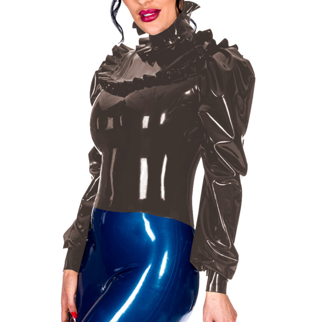 Office Lady High Neck Ruffles PVC Leather Elegance Long Sleeve Womens Tops Gothic Bodycon T-Shirts Sissy Back Zipper Tops Daily