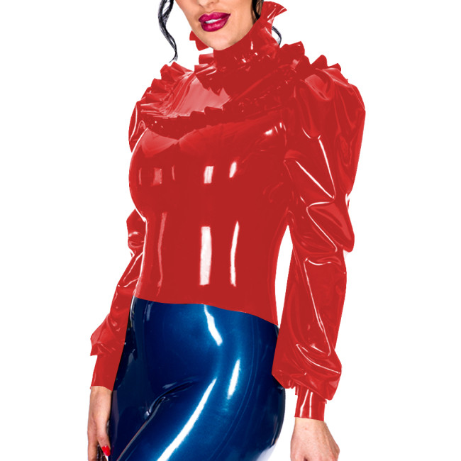 Office Lady High Neck Ruffles PVC Leather Elegance Long Sleeve Womens Tops Gothic Bodycon T-Shirts Sissy Back Zipper Tops Daily