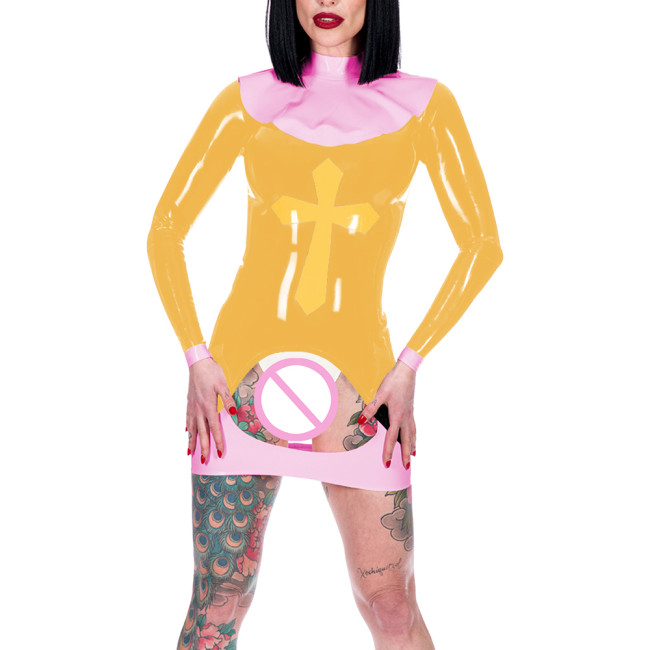 Women Sexy Nun Cosplay Costume Erotic Crotchless Spanking Mini Dress Long Sleeve Back Zip Bodycon Dress Novelty Nun Outfits 7XL