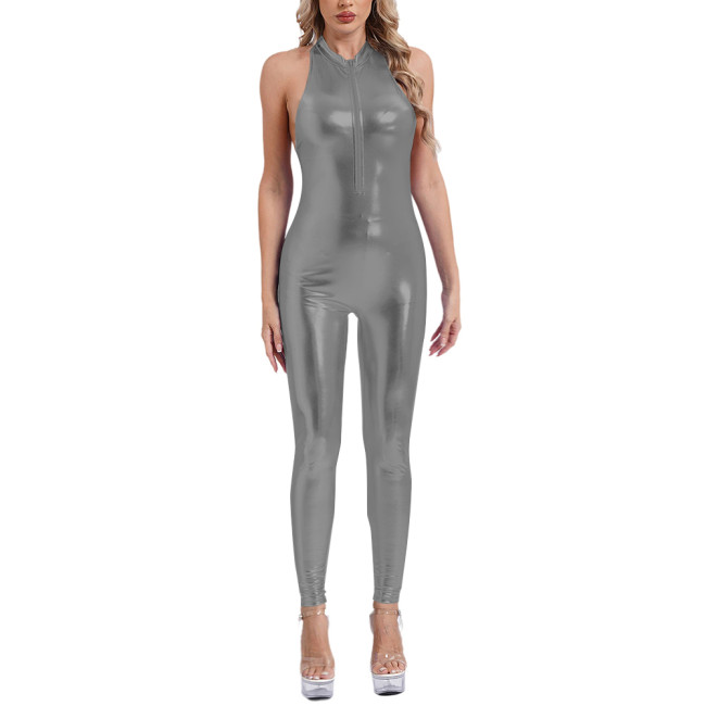 Sleeveless Sexy Jumpsuits for Women Shiny Metallic Stretch Tight Solid Jumpsuit Party Pole Dancing Overalls Sissy Sexy Costume