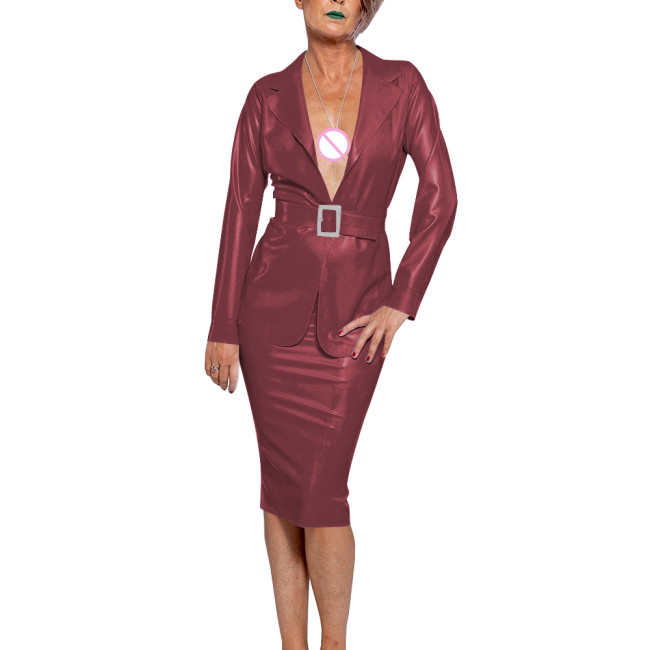 Plus Size Exotic Sets Sexy Costume PVC Leather Sissy Outfit Deep V-neck Top Midi Pencil Skirts Office Lady Two Piece Dress Sets