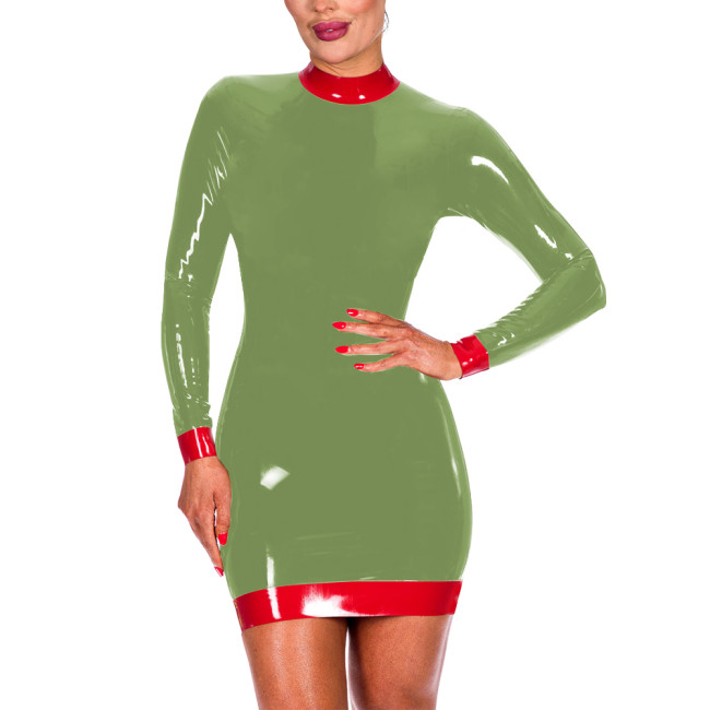 Sexy Package Hips Mini Dress for Elegant Women Fashion Back Zipper Bodycon Dress Crew Neck Long Sleeve PVC Leather Ball Gowns