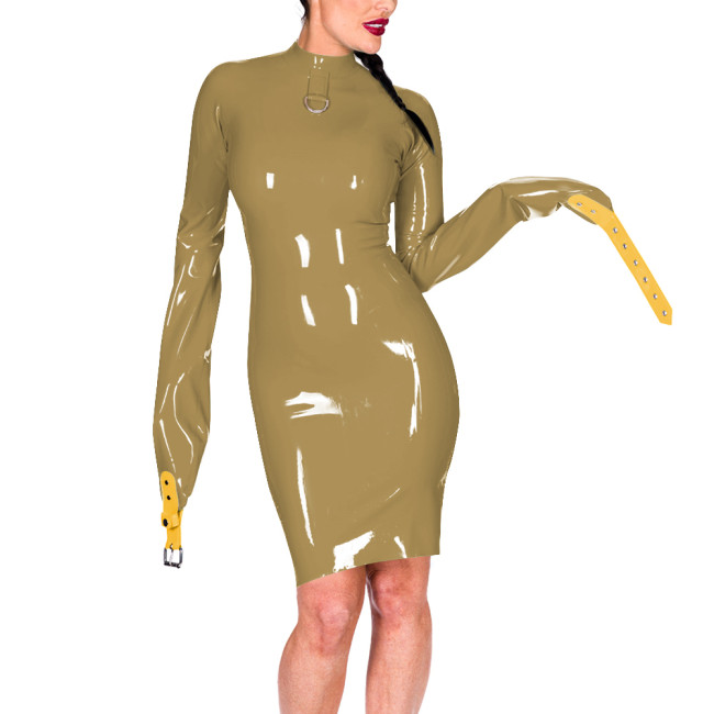 Mock Neck Long Sleeve Hands Restraint Exotic Mini Dress Women Novelty Sexy PVC Dresses Club Aesthetics Sissy Fetish Costume 7XL