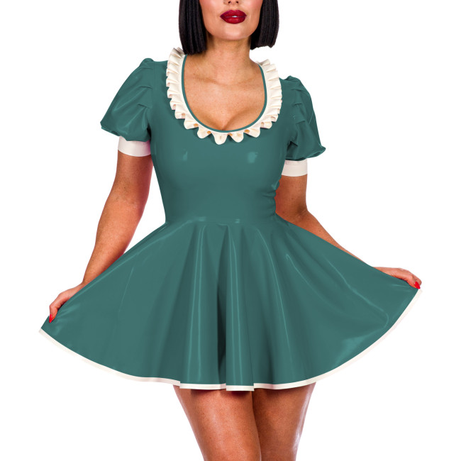 Sissy Sexy A-line Pleated Mini Dress Short Puff Sleeve Frill Scoop Neck PVC Summer Dress Elegant Women Sweet Banquet Venue Gown
