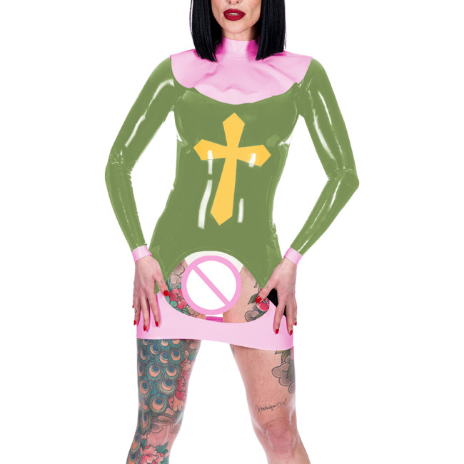 Women Sexy Nun Cosplay Costume Erotic Crotchless Spanking Mini Dress Long Sleeve Back Zip Bodycon Dress Novelty Nun Outfits 7XL