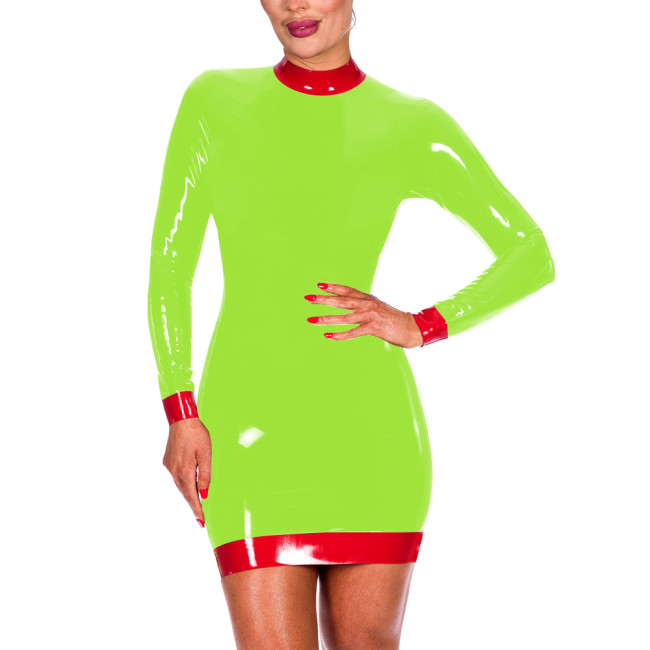 Sexy Package Hips Mini Dress for Elegant Women Fashion Back Zipper Bodycon Dress Crew Neck Long Sleeve PVC Leather Ball Gowns