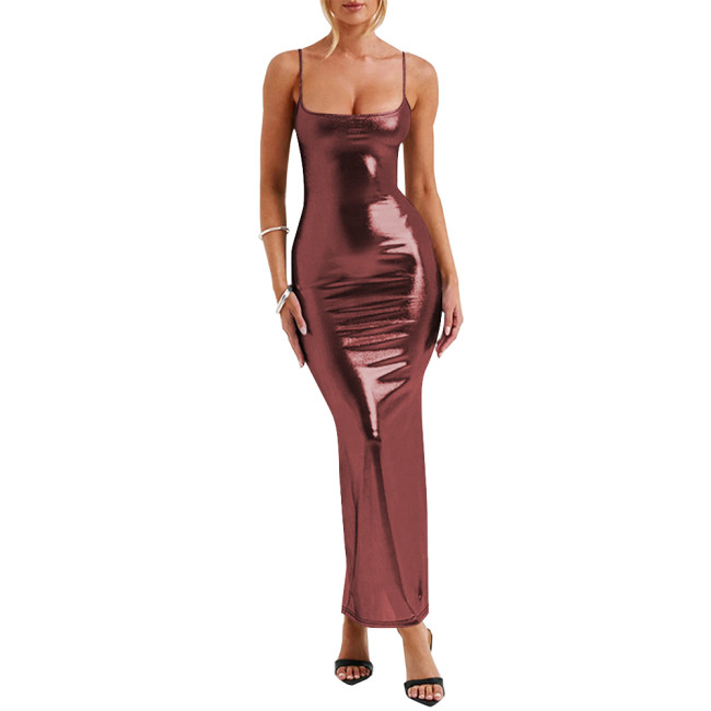 Elegance Spaghetti Strap Bodycon Hobble Dress Shiny Metallic Sexy Maxi Dresses for Women Hip Wrap Pencil Long Dress Ball Gowns