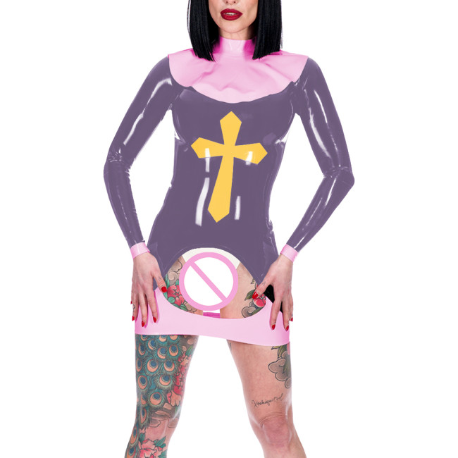 Women Sexy Nun Cosplay Costume Erotic Crotchless Spanking Mini Dress Long Sleeve Back Zip Bodycon Dress Novelty Nun Outfits 7XL