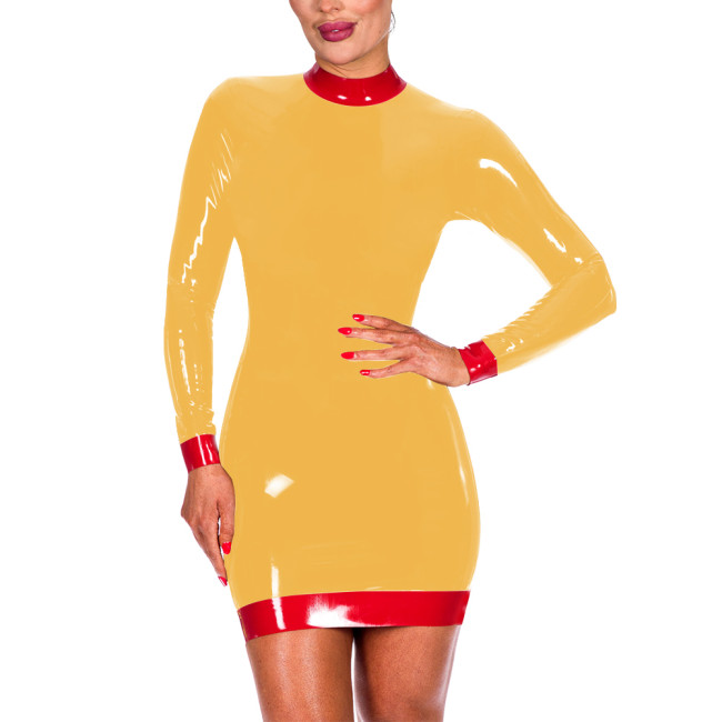 Sexy Package Hips Mini Dress for Elegant Women Fashion Back Zipper Bodycon Dress Crew Neck Long Sleeve PVC Leather Ball Gowns