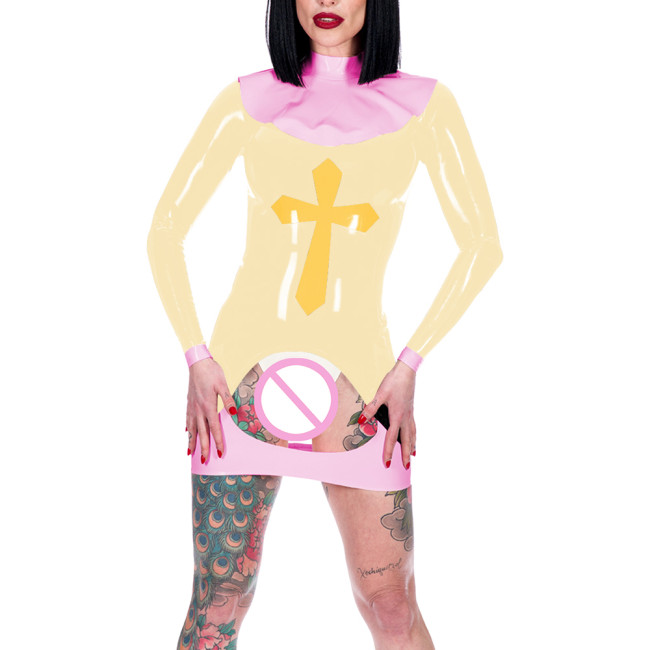 Women Sexy Nun Cosplay Costume Erotic Crotchless Spanking Mini Dress Long Sleeve Back Zip Bodycon Dress Novelty Nun Outfits 7XL