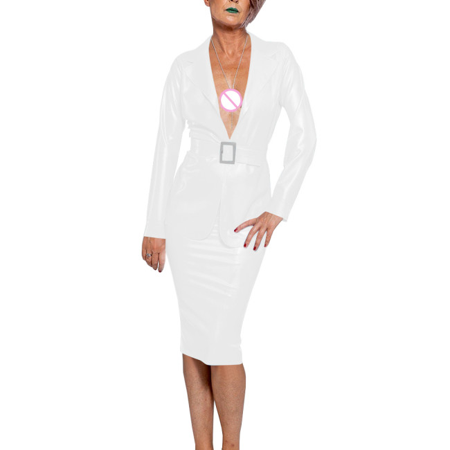 Plus Size Exotic Sets Sexy Costume PVC Leather Sissy Outfit Deep V-neck Top Midi Pencil Skirts Office Lady Two Piece Dress Sets
