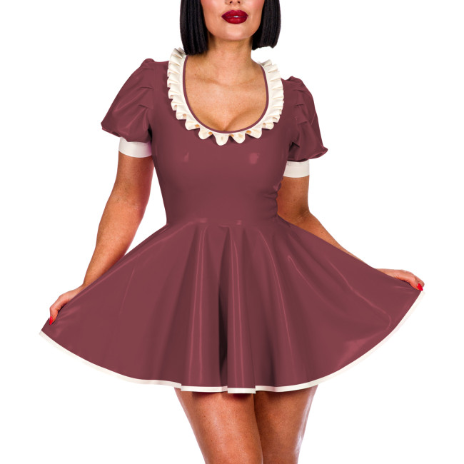 Sissy Sexy A-line Pleated Mini Dress Short Puff Sleeve Frill Scoop Neck PVC Summer Dress Elegant Women Sweet Banquet Venue Gown