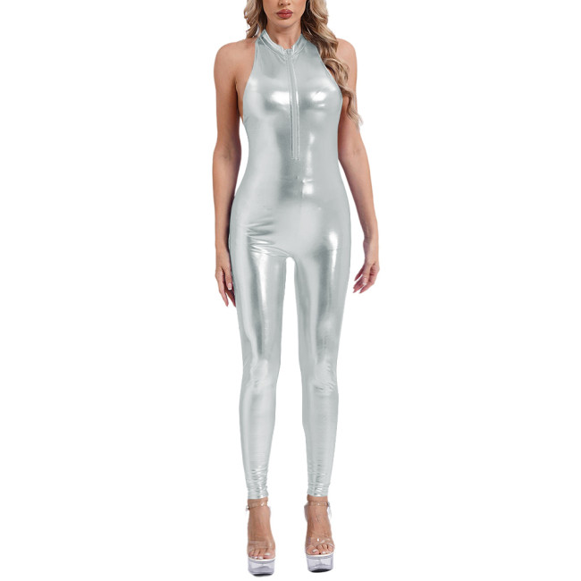 Sleeveless Sexy Jumpsuits for Women Shiny Metallic Stretch Tight Solid Jumpsuit Party Pole Dancing Overalls Sissy Sexy Costume