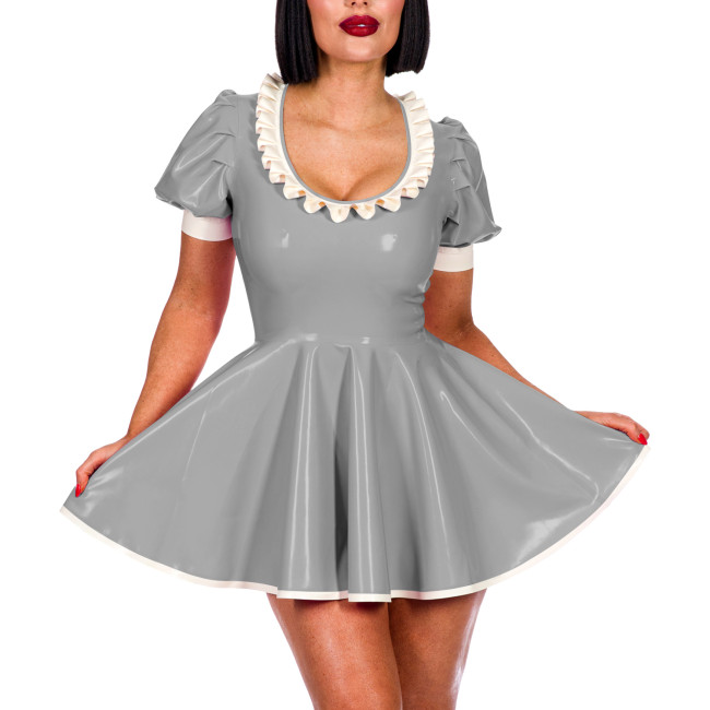 Sissy Sexy A-line Pleated Mini Dress Short Puff Sleeve Frill Scoop Neck PVC Summer Dress Elegant Women Sweet Banquet Venue Gown