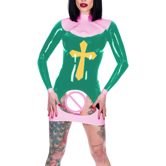 Women Sexy Nun Cosplay Costume Erotic Crotchless Spanking Mini Dress Long Sleeve Back Zip Bodycon Dress Novelty Nun Outfits 7XL