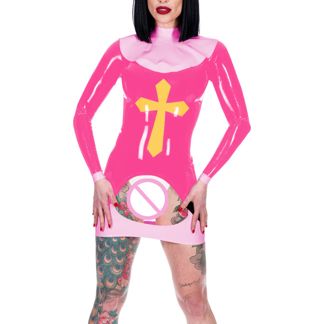 Women Sexy Nun Cosplay Costume Erotic Crotchless Spanking Mini Dress Long Sleeve Back Zip Bodycon Dress Novelty Nun Outfits 7XL
