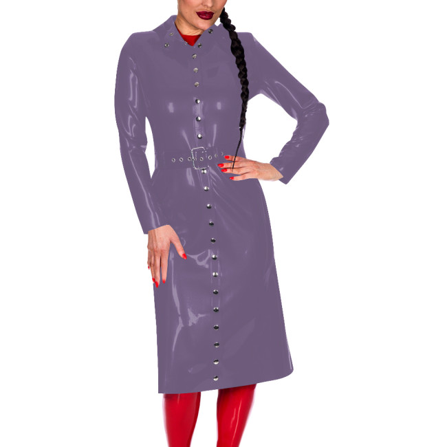Women Button-Up Long Sleeve Fashion Coat with Belt Look Faux Latex Trench Coat Chic Midi Dress Banquet Venue Gown Winter Clothes