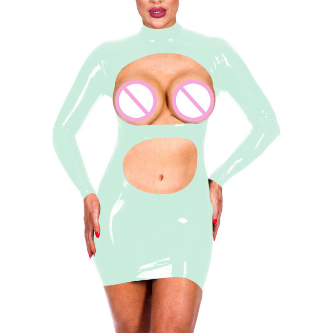 Erotic Temptation Women Shiny PVC Leather Sexy Open Bust Crop Mini Dress Exotic Spanking Long Sleeve High Neck Bodycon Dress 7XL