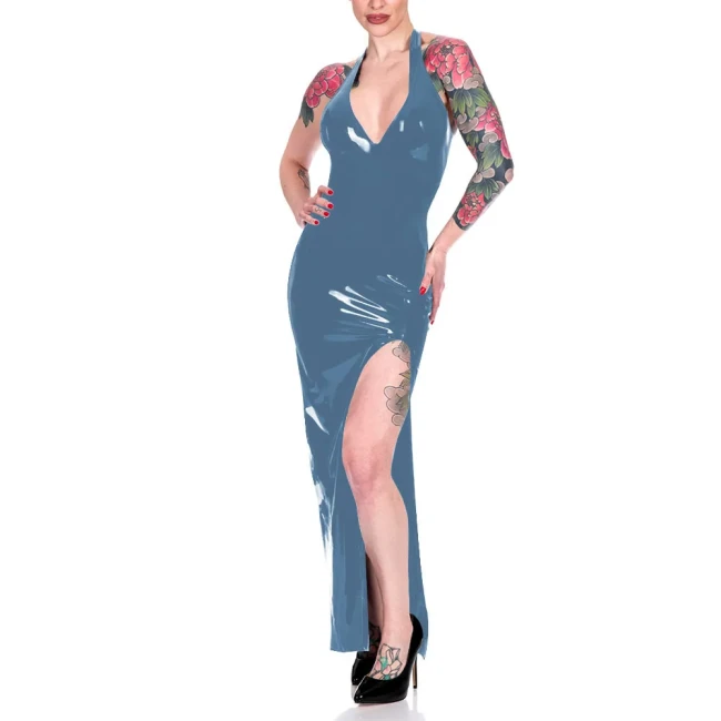 Fashion Halter High Split Maxi Dress for Women Elegant Sleeveless V-neck Sheath Dress Wrap Hips Bodycon Robe Banquet Venue Gown