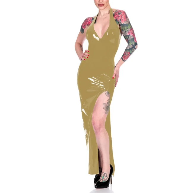 Fashion Halter High Split Maxi Dress for Women Elegant Sleeveless V-neck Sheath Dress Wrap Hips Bodycon Robe Banquet Venue Gown
