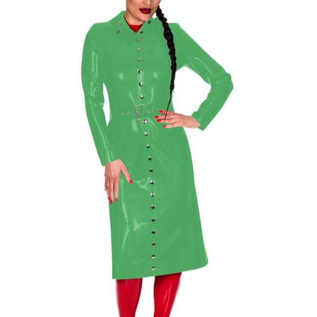 Women Button-Up Long Sleeve Fashion Coat with Belt Look Faux Latex Trench Coat Chic Midi Dress Banquet Venue Gown Winter Clothes