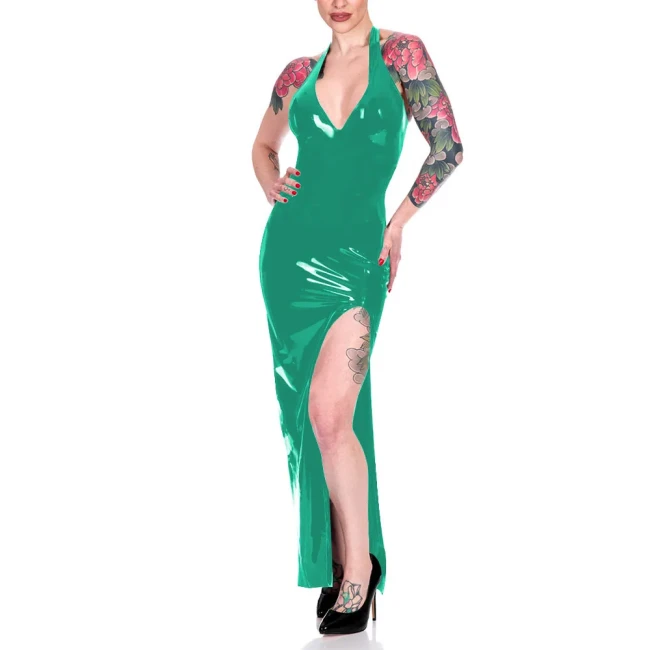 Fashion Halter High Split Maxi Dress for Women Elegant Sleeveless V-neck Sheath Dress Wrap Hips Bodycon Robe Banquet Venue Gown