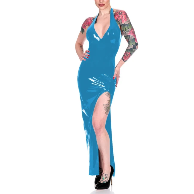 Fashion Halter High Split Maxi Dress for Women Elegant Sleeveless V-neck Sheath Dress Wrap Hips Bodycon Robe Banquet Venue Gown