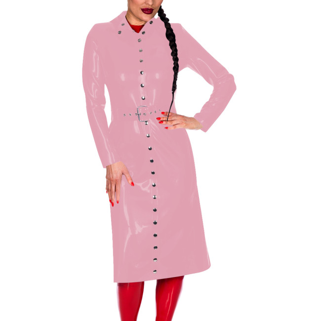 Women Button-Up Long Sleeve Fashion Coat with Belt Look Faux Latex Trench Coat Chic Midi Dress Banquet Venue Gown Winter Clothes