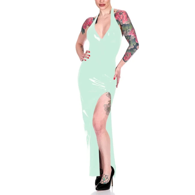 Fashion Halter High Split Maxi Dress for Women Elegant Sleeveless V-neck Sheath Dress Wrap Hips Bodycon Robe Banquet Venue Gown