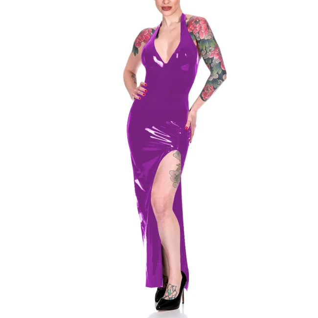 Fashion Halter High Split Maxi Dress for Women Elegant Sleeveless V-neck Sheath Dress Wrap Hips Bodycon Robe Banquet Venue Gown