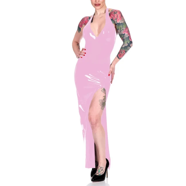 Fashion Halter High Split Maxi Dress for Women Elegant Sleeveless V-neck Sheath Dress Wrap Hips Bodycon Robe Banquet Venue Gown
