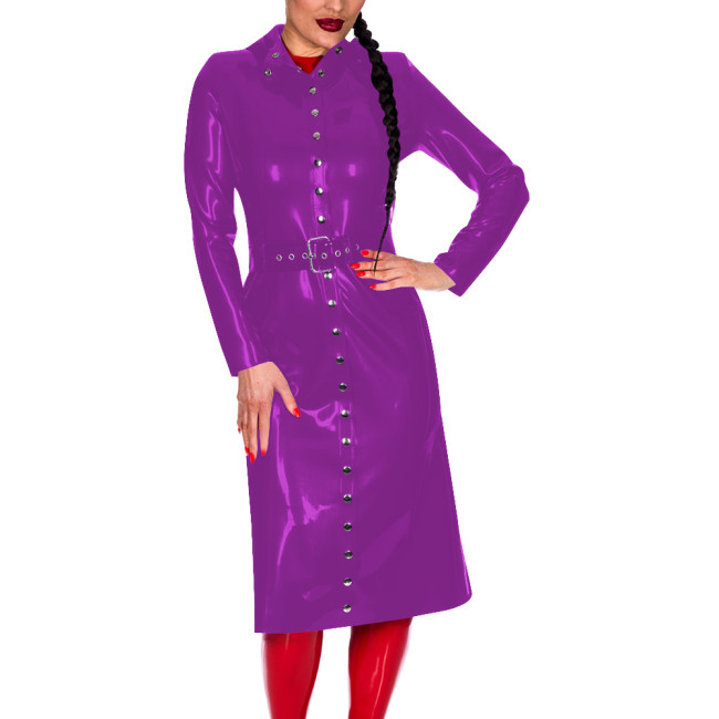 Women Button-Up Long Sleeve Fashion Coat with Belt Look Faux Latex Trench Coat Chic Midi Dress Banquet Venue Gown Winter Clothes