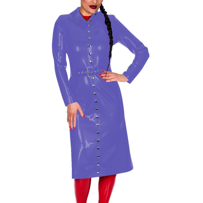 Women Button-Up Long Sleeve Fashion Coat with Belt Look Faux Latex Trench Coat Chic Midi Dress Banquet Venue Gown Winter Clothes