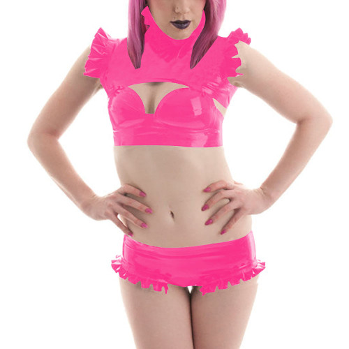 Women Sexy 3Pcs Set Lingerie Fashion Frill Bolero+brassiere+ruffled Short Pant Sexy Cosplay Costume Shiny PVC Leather Crop Tops