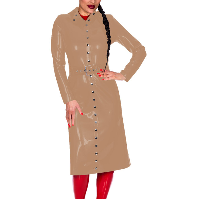 Women Button-Up Long Sleeve Fashion Coat with Belt Look Faux Latex Trench Coat Chic Midi Dress Banquet Venue Gown Winter Clothes