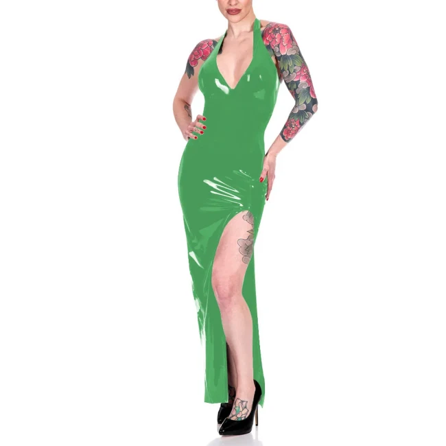 Fashion Halter High Split Maxi Dress for Women Elegant Sleeveless V-neck Sheath Dress Wrap Hips Bodycon Robe Banquet Venue Gown