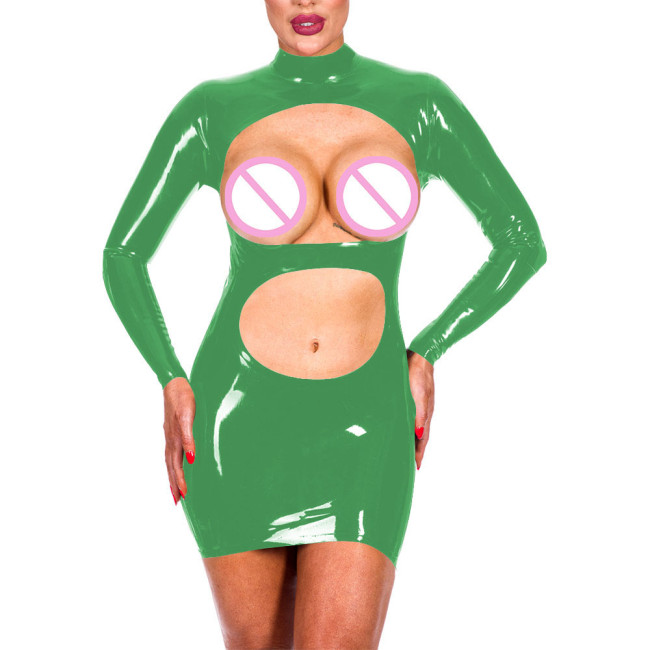 Erotic Temptation Women Shiny PVC Leather Sexy Open Bust Crop Mini Dress Exotic Spanking Long Sleeve High Neck Bodycon Dress 7XL